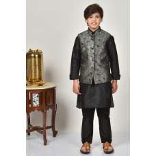 Black Kurta Pajama With Matching Grey Waistcoat
