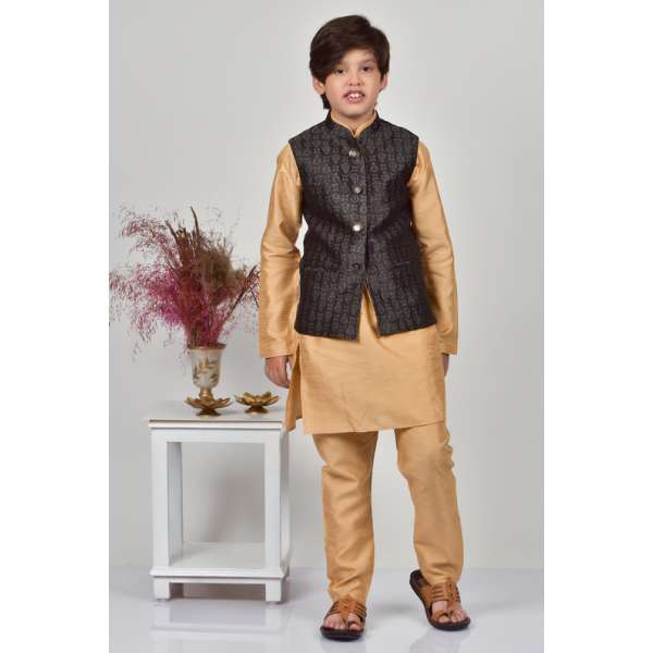 Boys Black Jamawar Waistcoat