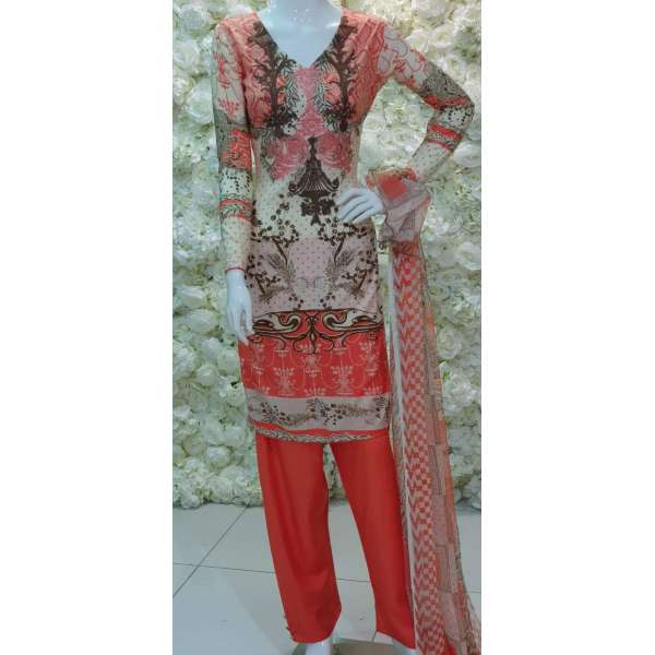 Coral Grey Pakistani Lawn Readymade Suit 