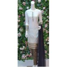 BRILLIANT WHITE SOPHISTICATED LINEN READYMADE SALWAR SUIT MEDIUM 