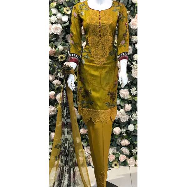 Mustard Printed & Embroidered Linen Readymade Suit