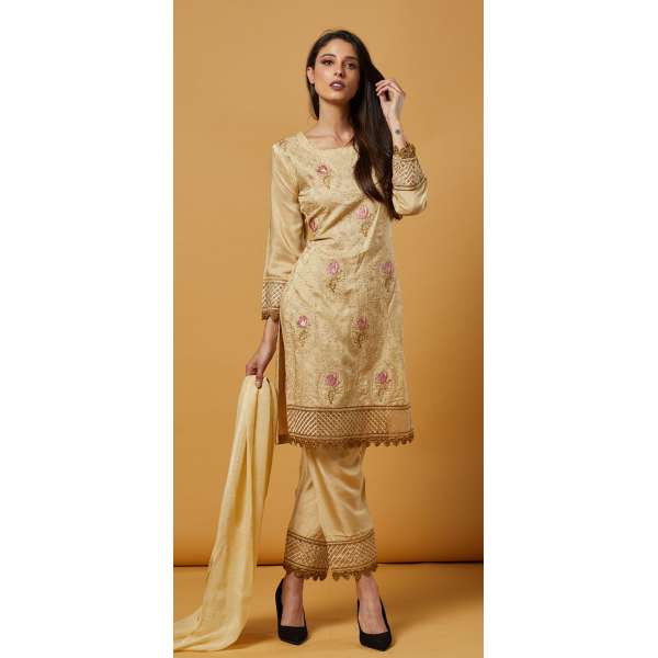 Beige Floral Embroidered Ready To Wear Salwar Kameez