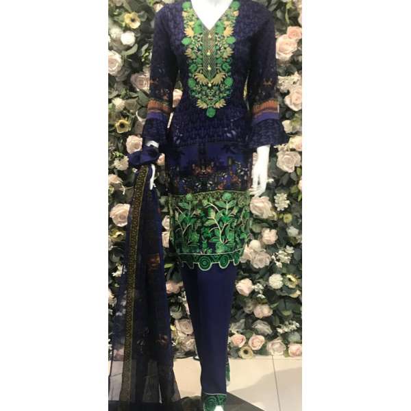 Navy Blue Printed & Embroidered Linen Winter Salwar Kameez