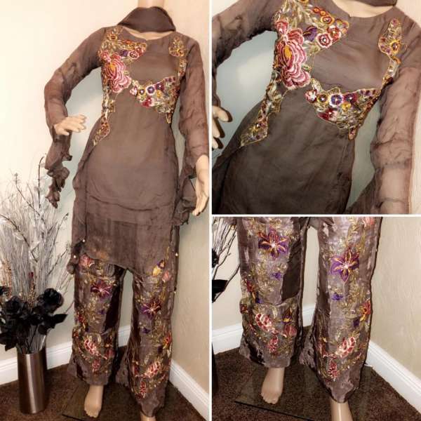 Brown Bronze Chiffon Suit Pakistani Designer Dress