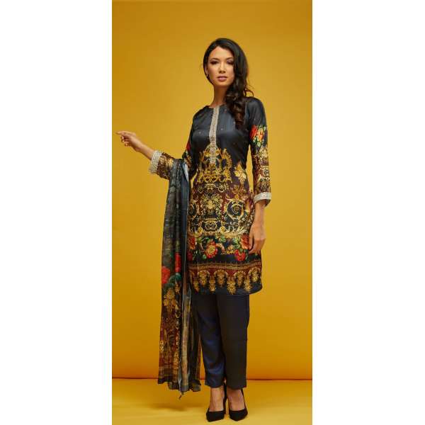Blue Printed Silk Readymade Salwar Kameez