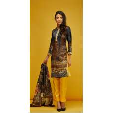 Dark Grey & Yellow Printed Silk Readymade Suit