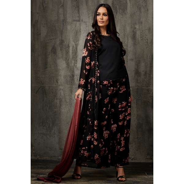 Black Floral Printed Jacket Suit Indian Formal Dress