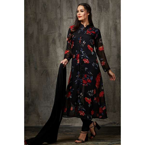 Black Floral Printed Front Slit Maxi Dress Buy Anarkali Suits Online
