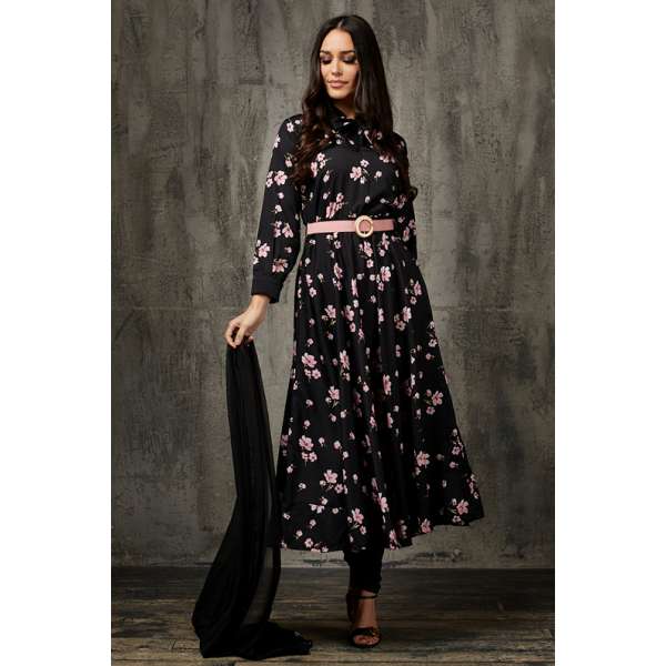 Black Floral Maxi Readymade Pakistani Designer Frock