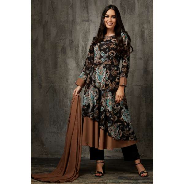 Black Printed Flap Style Dress Pakistani Designer Party Dress