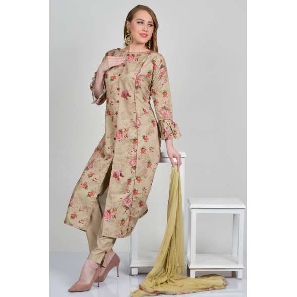 Beige Floral Printed Dress Summer Pakistani Dress