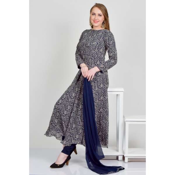 Beige & Blue Readymade Printed Frock Dress