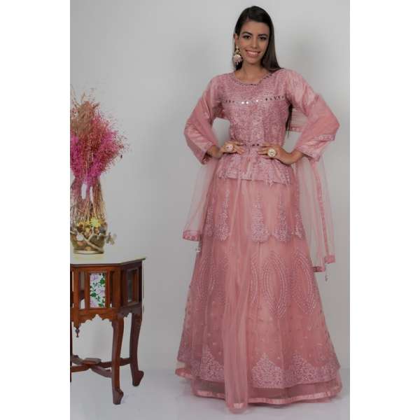 Hot Pink Heavy Embroidered Net Wedding Lehenga
