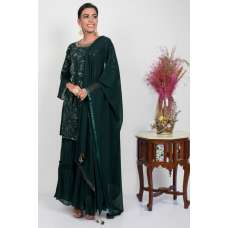 Dark Green Sequin Layered Style Gharara Dress