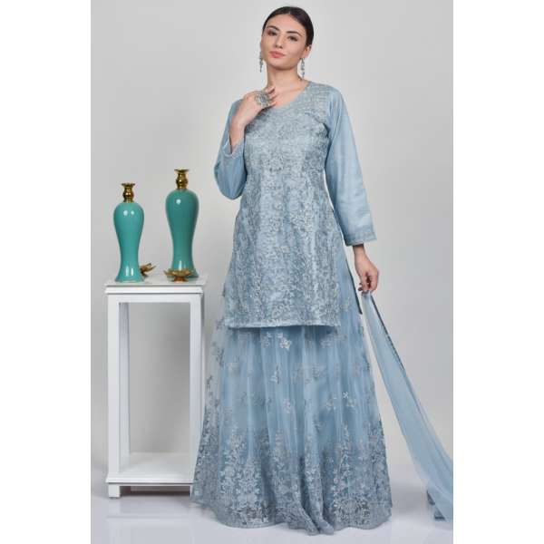 Blue Heavy Net Embroidered Indian Wedding Lehenga Readymade Dress