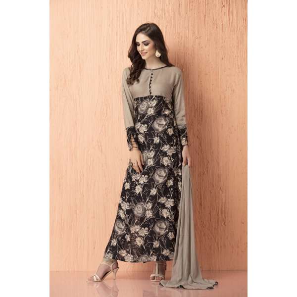 Floral Printed Dress Maxi Kaftan Black Grey Readymade Suit