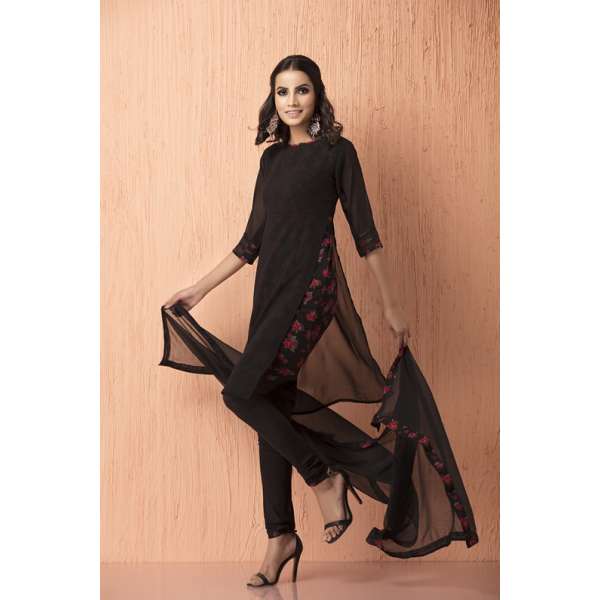 Black Floral Print Dress Gorgeous Design Readymade Suit