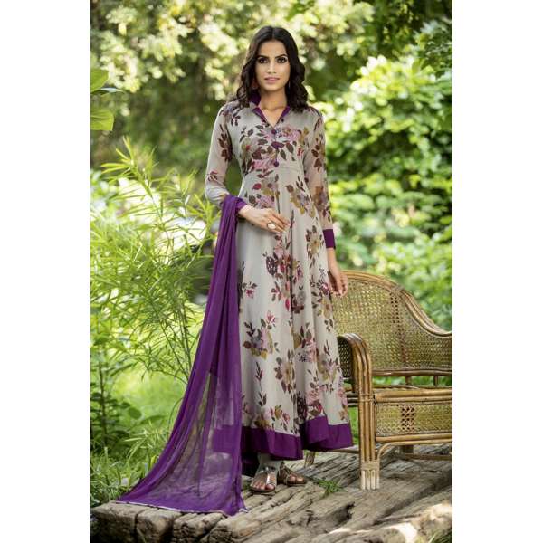 Grey Purple Chiffon Floral Printed A LIne Dress Readymade 