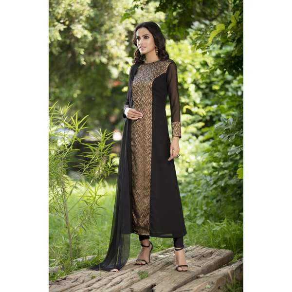 Black Anarkali Brocade Dress A Line Maxi Readymade 