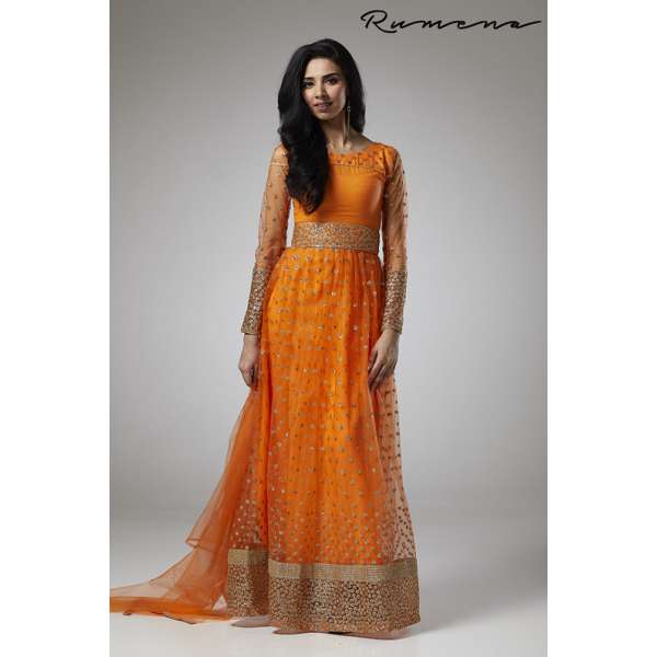 ORANGE FLARED STYLE MENDI WEAR READY MADE ANARKALI DRESS 