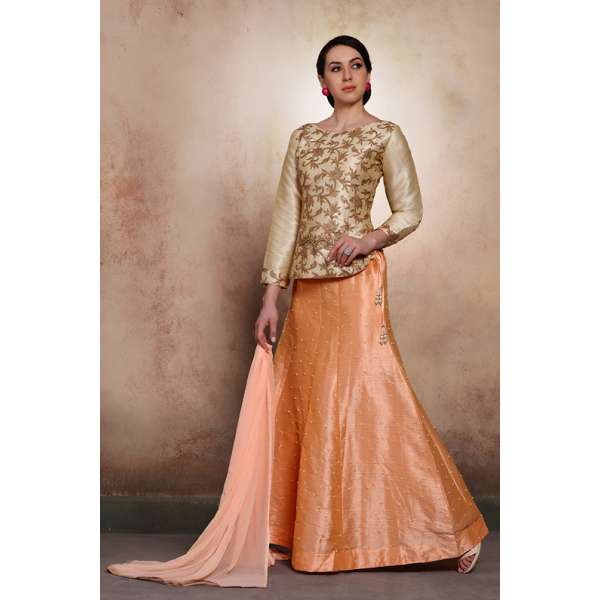 GOLD AND PEACH SILK BANGLORI SILK CHOLI SKIRT STYLE READY MADE DRESS