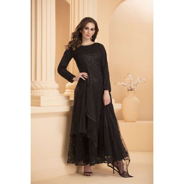 Black Elegant Dress A Line Design Net Gown Readymade 