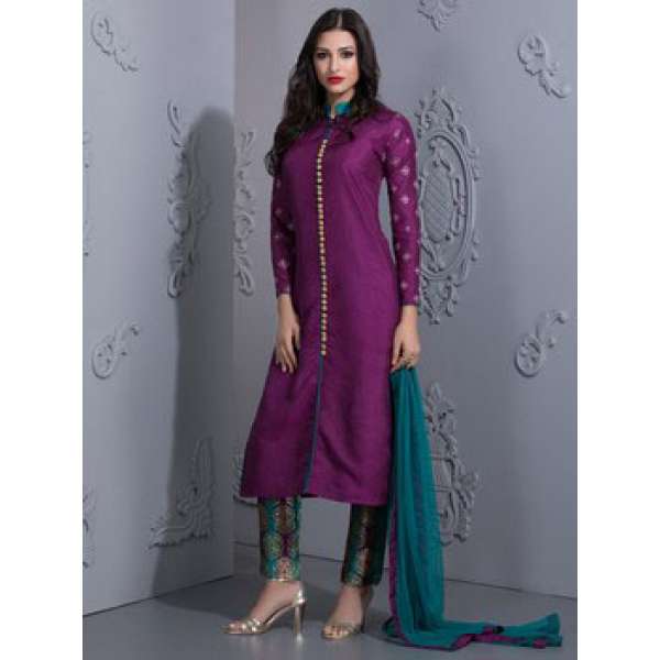 STYLISH PURPLE READYMADE SUIT WITH CONTRAST CAPRI TROUSERS