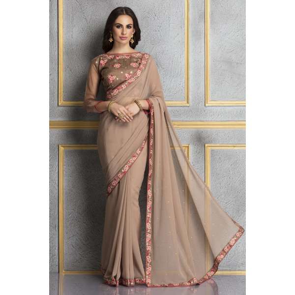 ZACS-60 BROWN GEORGETTE AND DUPION EMBROIDERED WEDDING WEAR SAREE
