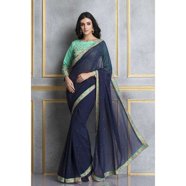 ACS-61 NAVY BLUE AND RAMA GEORGETTE AND DUPION EMBROIDERED PARTY WEAR SAREE
