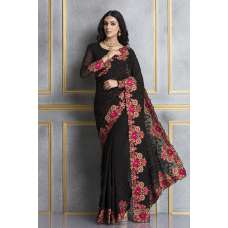 ZACS-69 BLACK GEORGETTE EMBROIDERED INDIAN PARTY WEAR SAREE