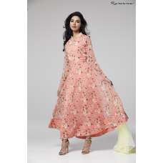 PEACH NOUGAT FLORAL PRINTED GEORGETTE READY MADE PARTY ANARKALI DESIGNER DRESS