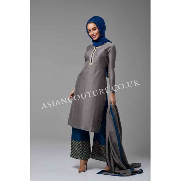 SLEET GREY AND BLUE WINTER WEAR READYMADE PALAZZO SUIT
