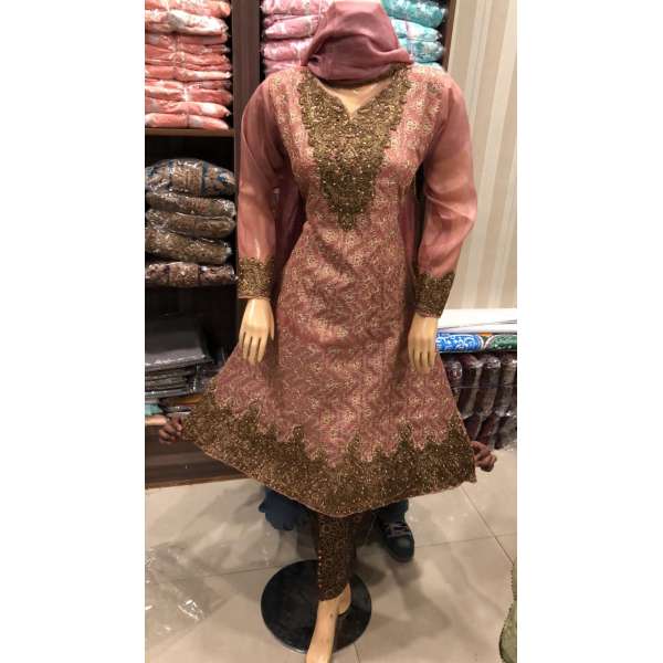 ROSE PINK CHIFFON EMBROIDERED PAKISTANI STYLE WEDDING WEAR READYMADE SUIT