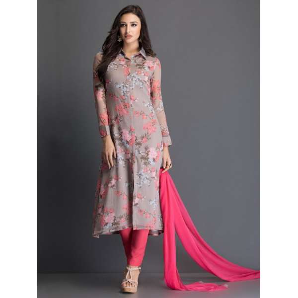 Pink Summer Floral Printed Shirt Dress Readymade Suit 