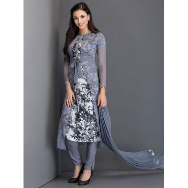 Grey Belted Jacket Dress Printed Readymade Indian Suit