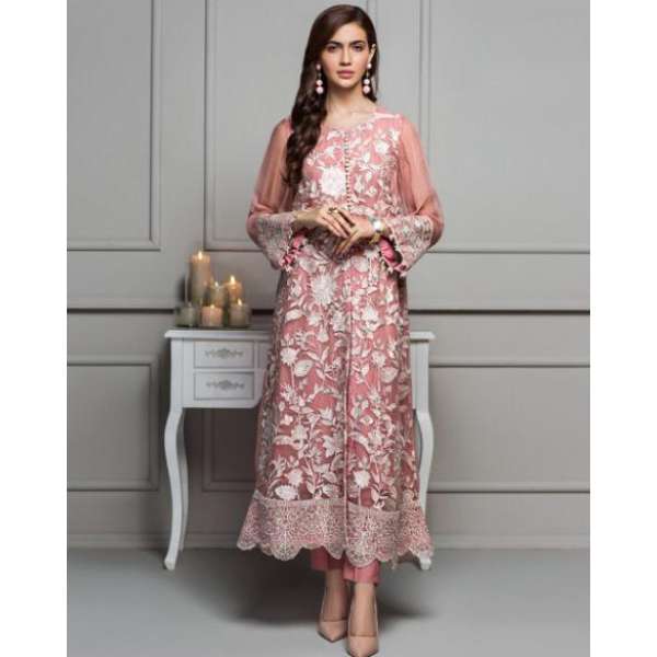 Pink & White Embroidered Pakistani Suit Fancy Wedding Dress