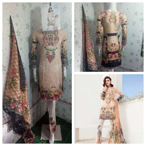 Beige Pakistani Lawn Readymade Salwar Suit  