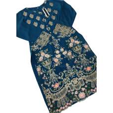 Mosaic Blue Embroidered Linen Readymade Indian Salwar Suit