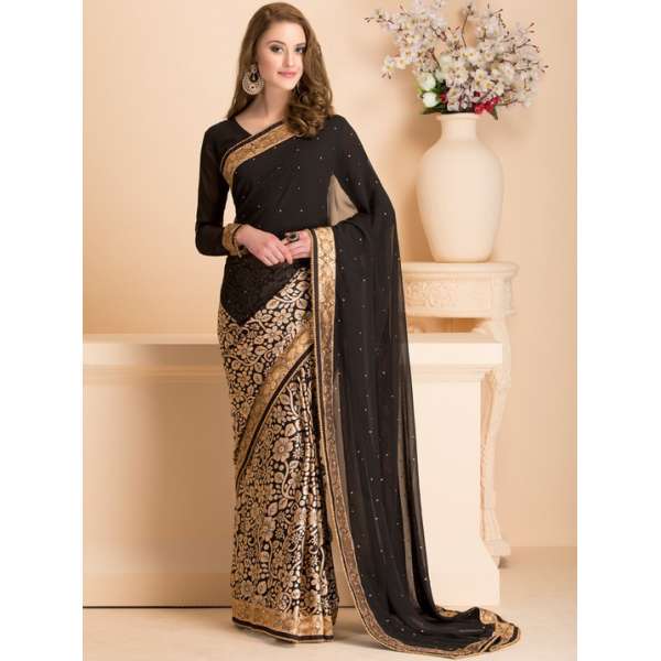 BLACK WEDDING WEAR SAREE WITH READY STITCHED BLOUSE