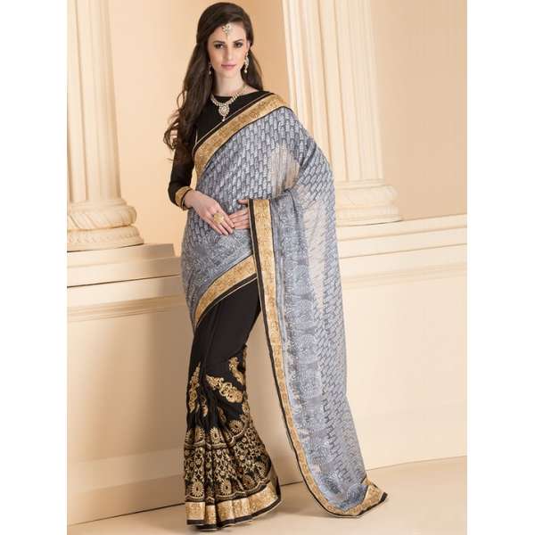 ASH GREY AND BLACK CONTRAST DESIGNER SAREE 