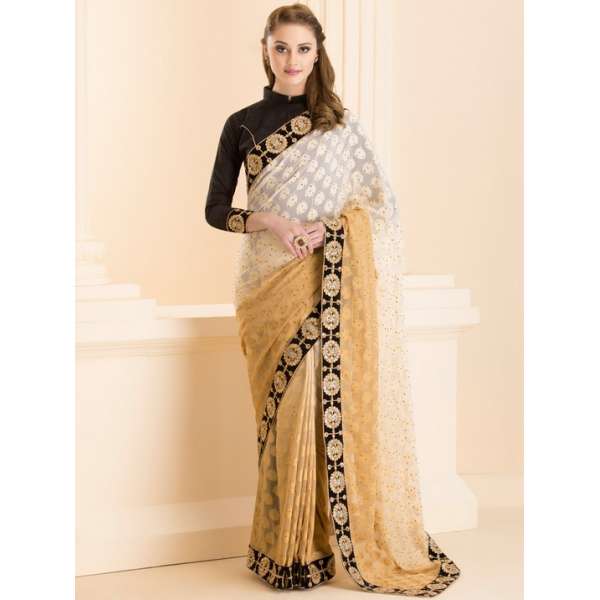 GOLD BEIGE OMBRE SAREE WITH STITCHED BLACK BLOUSE