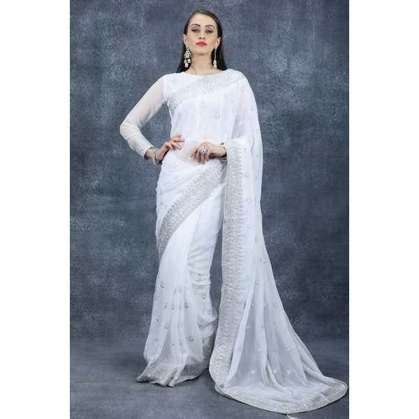 Sophisticated White Sequin Ready Made Saree Stitched Stylish Blouse 
