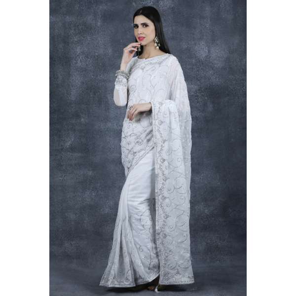 White Shimmer Sequin Saree Pakistani Designer Ethnic Saree