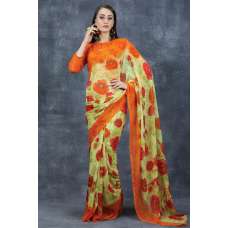 Lemon Floral Printed Saree Indian Casual Sari