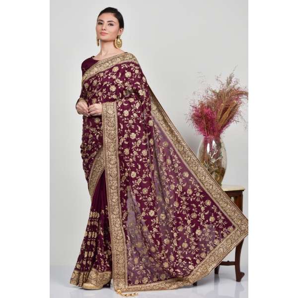 Dark Maroon Embroidered Designer Wedding Saree