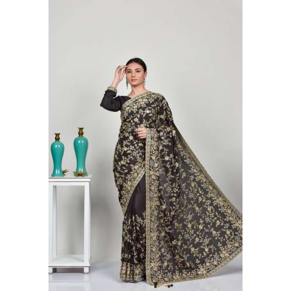 Dark Grey Embroidered Fancy Pakistani Designer Saree