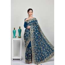 Teal Blue Designer Embroidered Saree