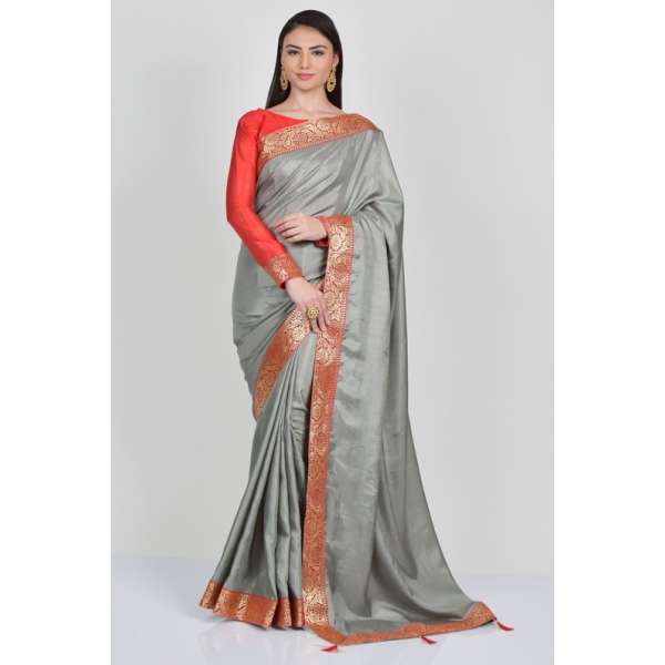 Grey & Orange Indian Wedding Wear Saree