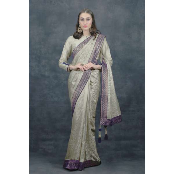 Grey Brocade Style Indian Designer Saree