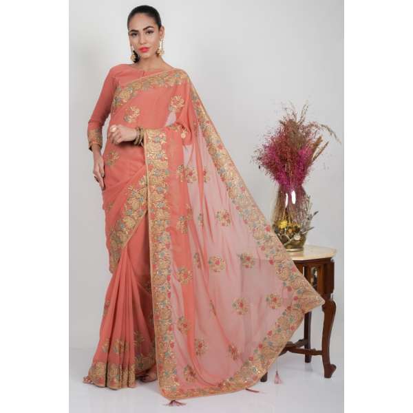 Rose Pink Embroidered Georgette Pakistani Designer Saree